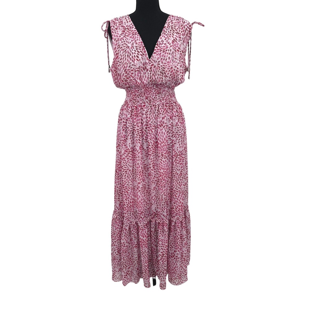 Kate and Lily Maxi Dress Women 12 Pink Boho Smocked Tiered Leaf Print Summer